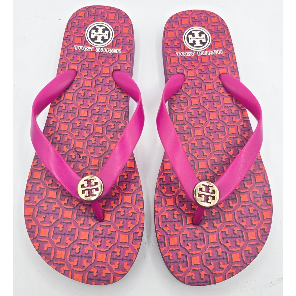 Tory Burch Womens Size 9 Thin Flip Flop Sandal Fuchsia Orange T-Logo Pattern - Picture 2 of 10